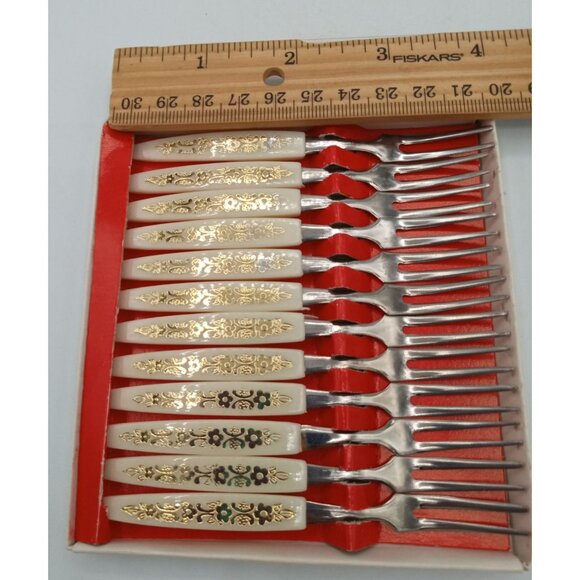 Little Fork Set 12 Piece Stainless Steel Ornate Gold Floral Handles Vintage 4 In - Picture 7 of 16